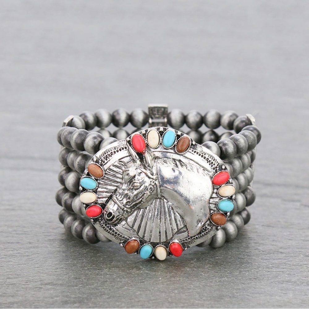 Western Equestrian Horse Head Multi-Strand Beaded Stretch Bracelet